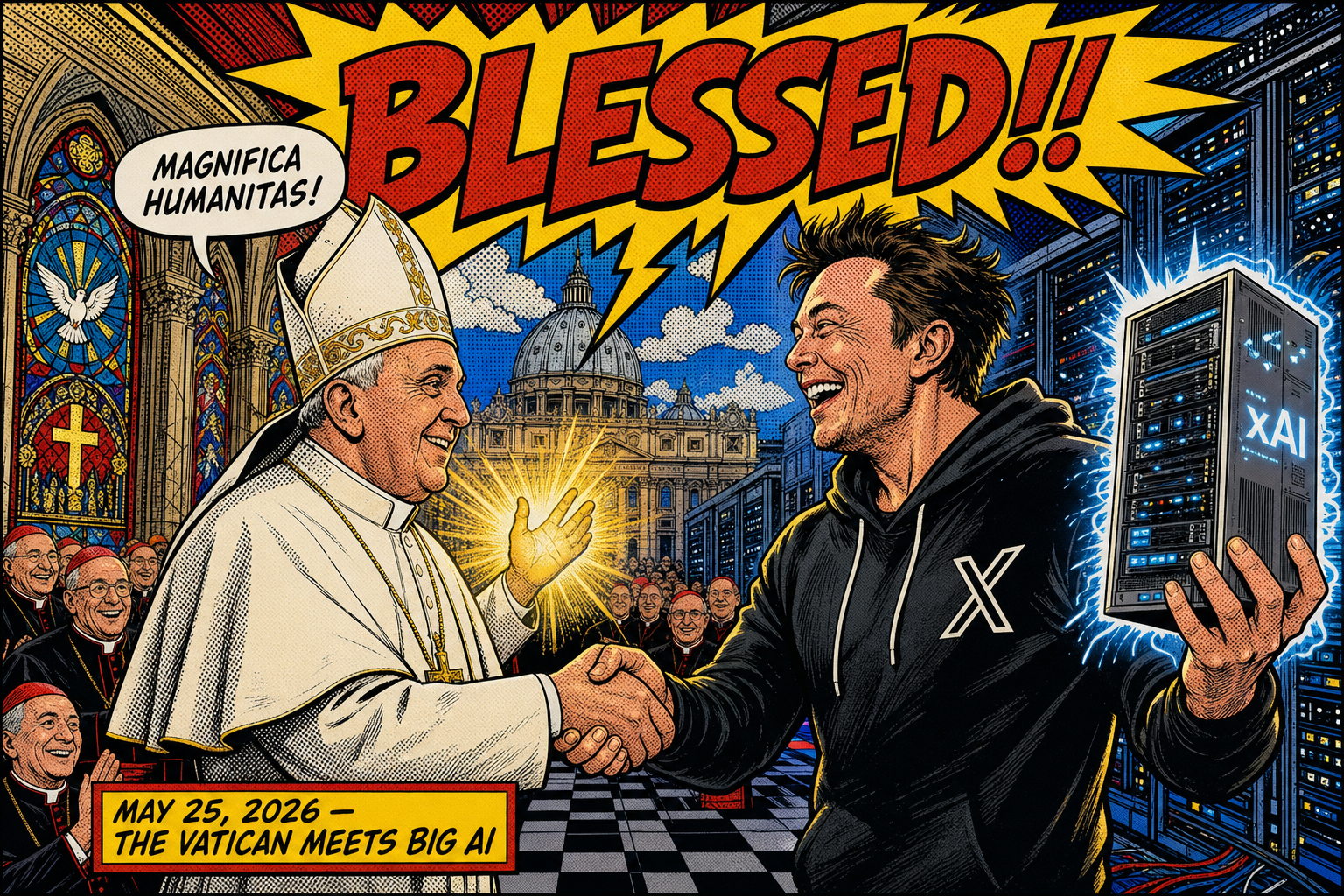 The Pope shakes hands with the Anthropic co-founder. Comic book pop art.