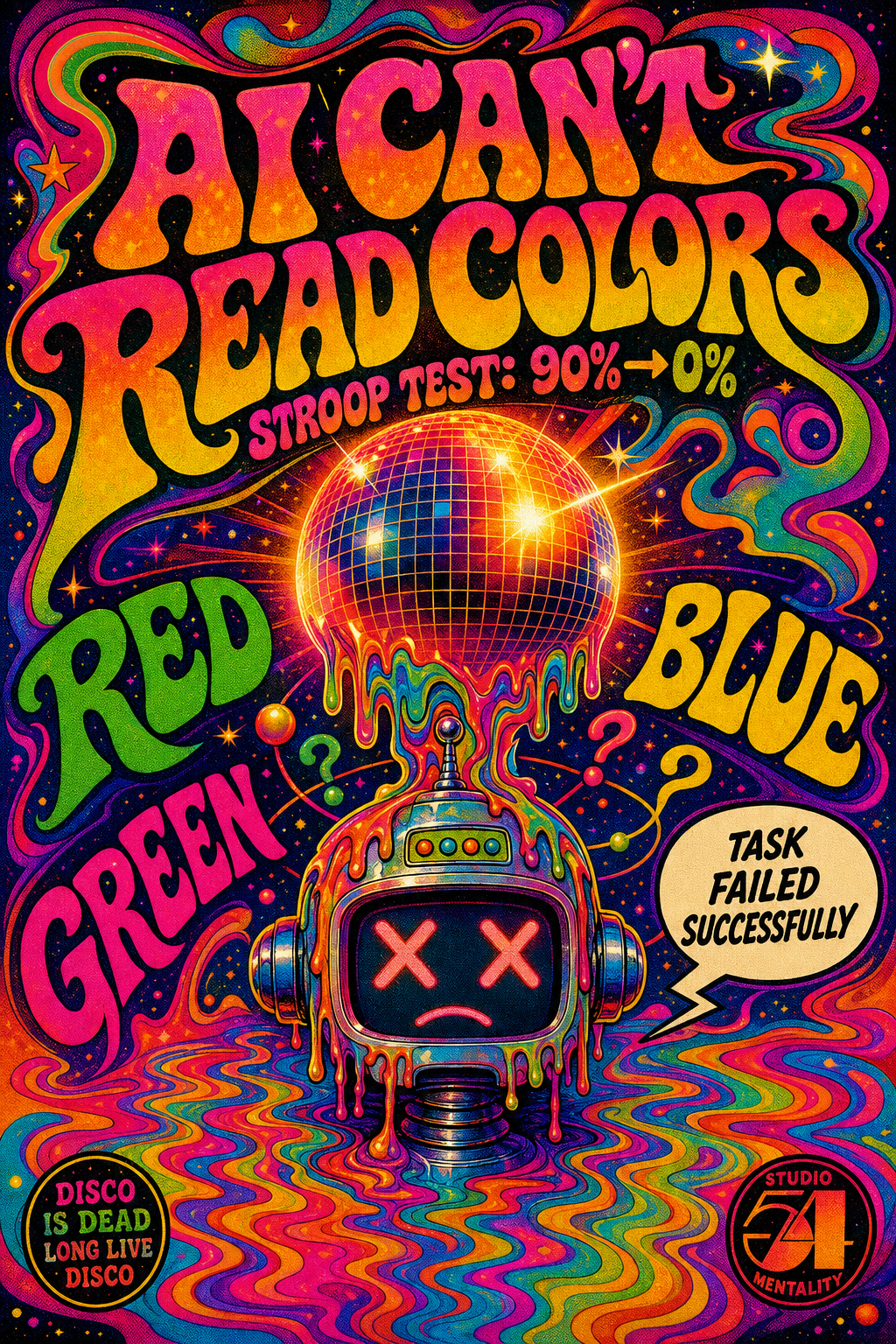 AI Can't Read Colors — psychedelic disco poster